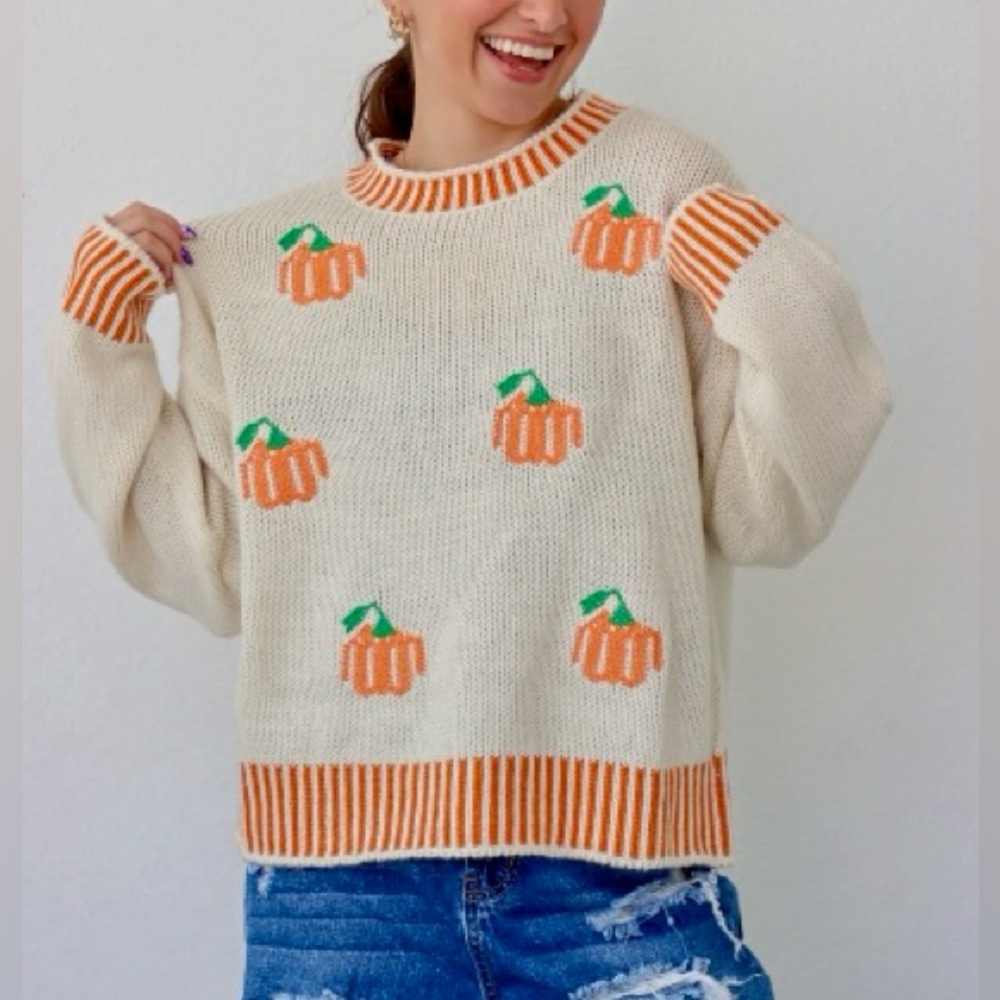 So Me Cream Sweater with Orange and Green Pumpkin Design